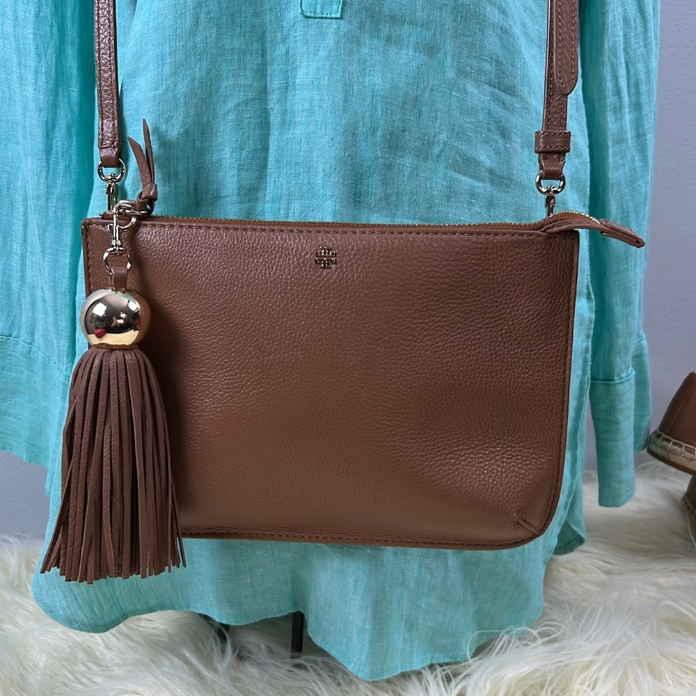 Tory Burch Tan Brown Leather Crossbody Bag with Tassel